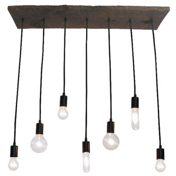 7 Pendant Reclaimed Wood Chandelier, Black, Mixed Clear Bulbs