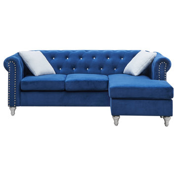 Raisa 82 in. Velvet 3-Seater Sofa With 2-Throw Pillow, Blue
