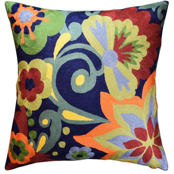 Suzani Pillow Cover Floral Chair Pillowcase Navy Hand Embroidered Wool 18x18