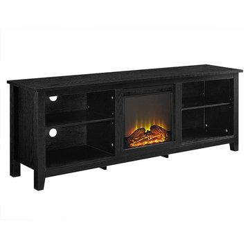 Classic Entertainment Stand, 4 Open Storage Shelves & Center Fireplace, Black