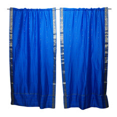 Mogul Interior - Blue Rod Pocket Sheer Sari Curtain Panels Pair 84x44 - Curtains
