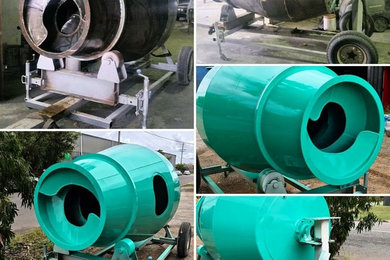 Before and After sandblast Prime Paint Cement Mixer