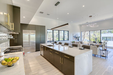 Inspiration for a large contemporary l-shaped light wood floor and beige floor kitchen remodel in Austin with an undermount sink, flat-panel cabinets, green cabinets, quartzite countertops, multicolored backsplash, stainless steel appliances, an island and multicolored countertops