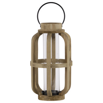 Wood Cylinder Lantern With Metal Handle and Hurricane Candleholder, Small