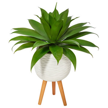 33" Agave Succulent Artificial Plant, White Planter With Stand
