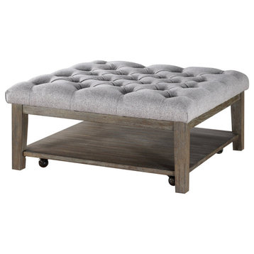 Unique Coffee Table/Ottoman, Wooden Base With Wheels and Tufted Gray Fabric Top