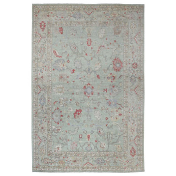 Angora Oushak Soft Wool Hand Knotted Green Oriental Oversized Rug, 11'9" x 17'3"
