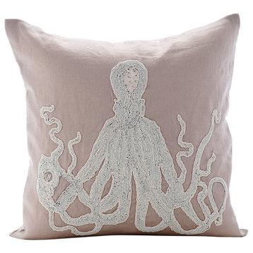 Beaded Octopus Beige Cotton Linen 22"x22" Throw Pillows Cover, Sea Squid