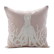 Beaded Octopus Mocha Euro Sham, Cotton Linen 26"x26" Euro Pillow, Sea Squid