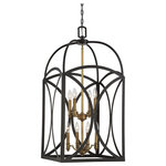 Savoy - Savoy 3-4082-8-79, Talbot 8 Light Large Foyer - The Talbot lantern design is reminiscent of a birdcage, but with a delightful twist. Instead of straight line bars, the sides of the pendant frame are made of wonderful criss crossing curves. This open, outer frame has a dark English bronze finish that highlights the bold, rounded lines. Inside, the central column supports eight lights with metal candle covers, in two tiers. These inner pieces have a light, warm brass finish, for a two-toned, dynamic appearance. Eight 60W, C-style bulbs provide plenty of light through the open fixture. It measures 18 wide and 37 high a terrific size to put timeless style in your dining room, kitchen, living room, foyer, family room, office, bedroom, stairway, or great room.