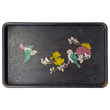 Chinese Rectangular Mother of Pearl Flower Birds Theme Wood Tray Hws1876