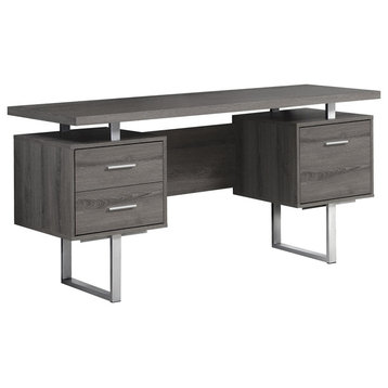 Contemporary Desk, Elegant Silver Frame With Floating Top & Drawers, Dark Taupe