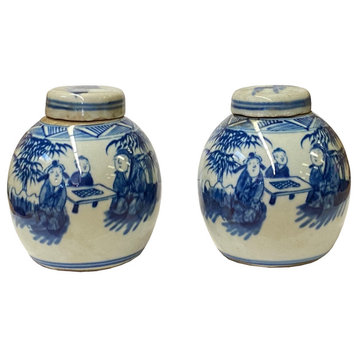 Pair Blue White Mini Oriental People Tree Porcelain Ginger Jars Hws1971