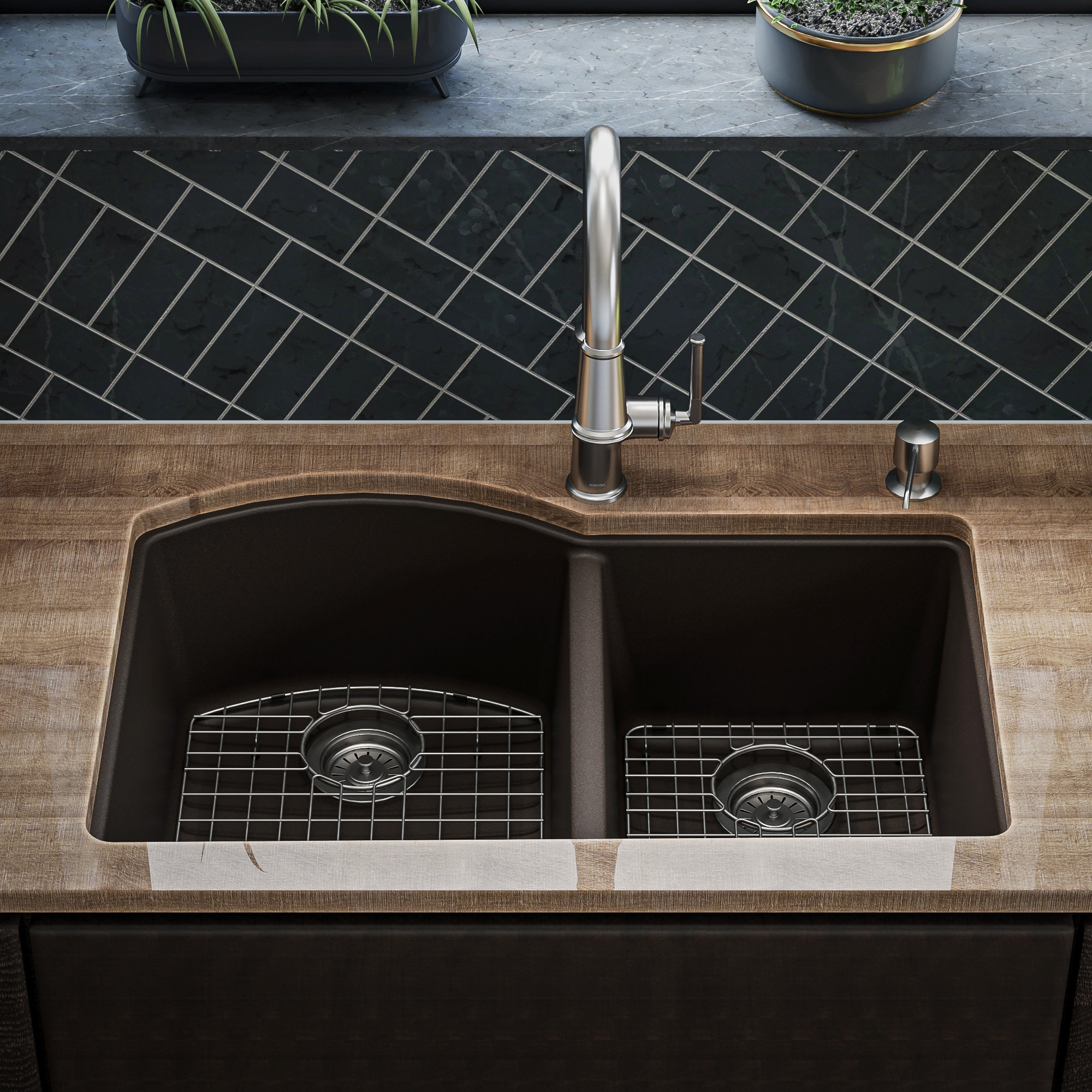 Karran Undermount Quartz 32" 60/40 Double Bowl Kitchen Sink Kit, Brown