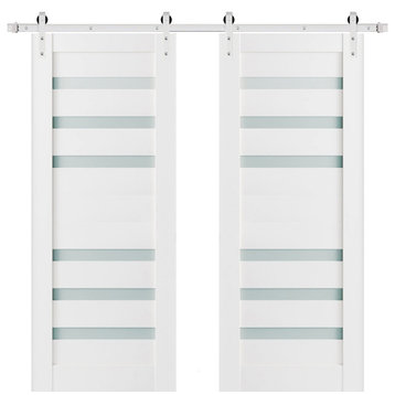 Double Barn Door 60 x 96 Frosted Glass, Quadro 4266 White, Silver 13FT