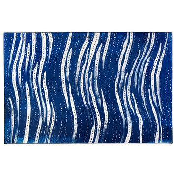 Blue Rug Patterned Rug Striped Rug with Waves Area Rug  5' X 7'