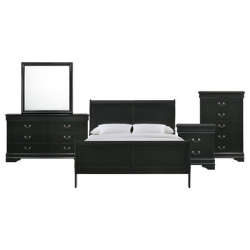Louis Philippe Queen Panel 5 Piece Bedroom Set, Black