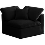 Meridian Furniture - Plush Velvet / Down Standard Comfort Modular Chair, Black, Corner Chair - No matter how big or little the size of your gang, they can all find their sweet spot when you choose pieces from the Plush collection to build your ideal seating group. Choose this individual Plush piece or pair multiple pieces together to get the custom look everyone will love. The soft black velvet material is soft and welcoming to the touch, and the set's cushions are overstuffed with a down and feather blend to provide ample support for tired bodies.