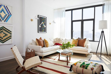 Inspiration for a mid-sized contemporary open concept dark wood floor and brown floor living room remodel in New York with white walls and no fireplace