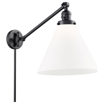 X-Large Cone 1 Light Swing Arm or Wall Lamp, Matte Black, Matte White Glass