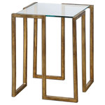 Uttermost - Uttermost Mirrin 16 x 22" Accent Table - Antiqued Gold Leaf, Hand Forged Iron With Clear Tempered Glass Top.