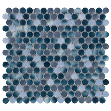Mosaic Handmade Porcelain Penny Round Tile for Floors Walls, Deep Ocean Blue