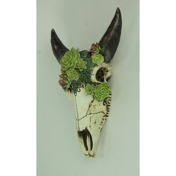 Aged Bull Skull with Succulent Plants Hanging Statue