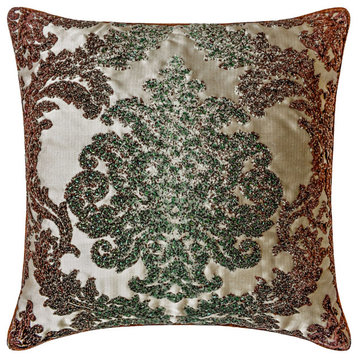 Brown Green Velvet Victorian Beaded 14"x14" Throw Pillow Cover, Jade Damask