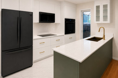 Eat-in kitchen - mid-sized modern single-wall eat-in kitchen idea in Montreal with an undermount sink, flat-panel cabinets, white cabinets, quartz countertops, white backsplash, quartz backsplash, black appliances, an island and white countertops
