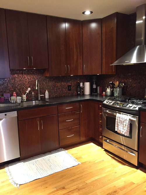 Clueless Help Kitchen Countertop Backsplash To Match Dark Cabinets