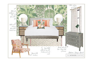 エディンバラにある中くらいなエクレクティックスタイルのおしゃれな客用寝室 (緑の壁、カーペット敷き、ベージュの床、壁紙) のレイアウト
