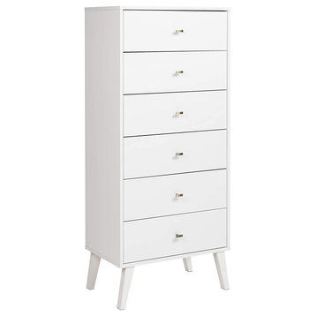Vertical Dresser, Tall Design With Tapered Legs and Brushed Brass Knobs, White