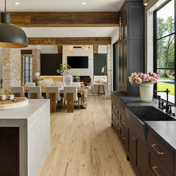 Weathered Antique Box Beams & White Oak Flooring in Rustic Modern Luxury Kitchen