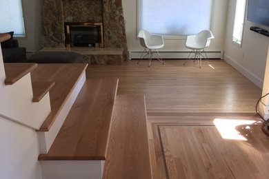 Inspiration for a mid-sized timeless formal and enclosed light wood floor and beige floor living room remodel in Vancouver with white walls, a standard fireplace and a stone fireplace