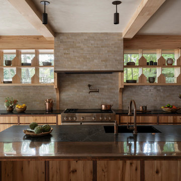 Antique Elm Box Beams, Cabinetry, and Paneling in Wabi-Sabi Lakeside Kitchen