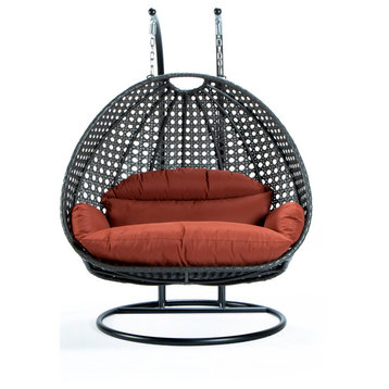 2 Person Charcoal Wicker Double Hanging Egg Swing Chair, Dark Orange