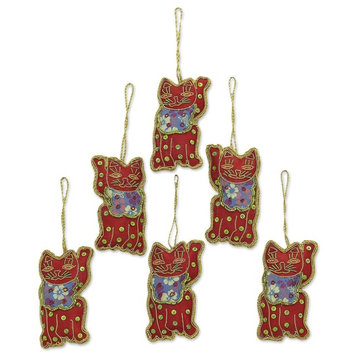 6-Piece Novica Bib Cats Beaded Ornaments