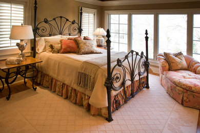 Example of a large classic master dark wood floor bedroom design in Los Angeles with brown walls and no fireplace