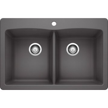 Blanco 441466 22"x33" Granite Double Dual-Mount Kitchen Sink, Cinder