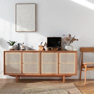 63" Nordic Natural Sideboard Buffet Rattan Kitchen Cabinet with 4 Doors 4 Shelve