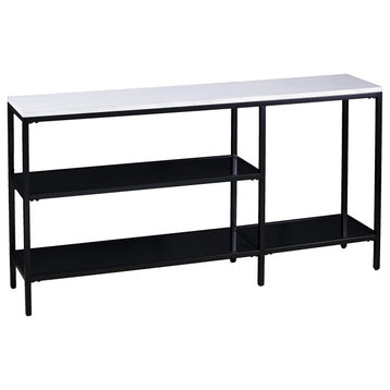 Narrow Console Table, Black Base With Staggered Shelves and Faux Marble Top