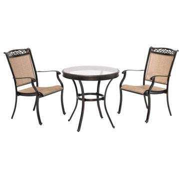3 Pieces Outdoor Bistro Set, Golden Bronze Finished Frame, Stationary Chairs