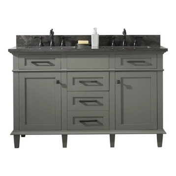 54" Double Sink Vanity Cabinet, Carrara White Top, Pewter Green
