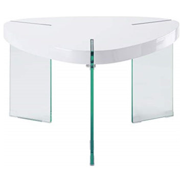 Coffee Table, Glass Panel Legs and Rounded Edges Triangle Top, High Gloss White