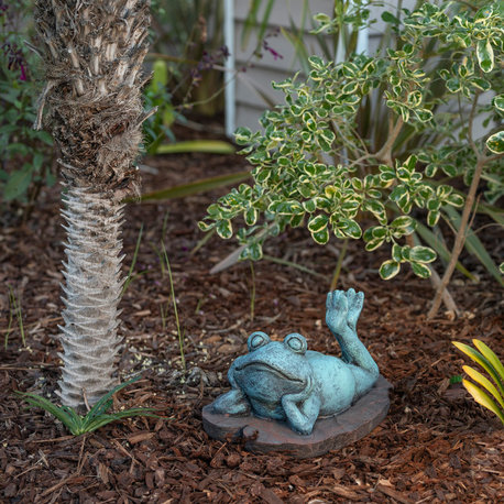 Alpine Frog Laying Down on a Leaf Statue, 8"Tall