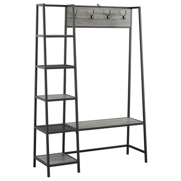 Modern Hall Tree With Integrated Bench, 4 Hooks and Storage Shelves, Slate Grey