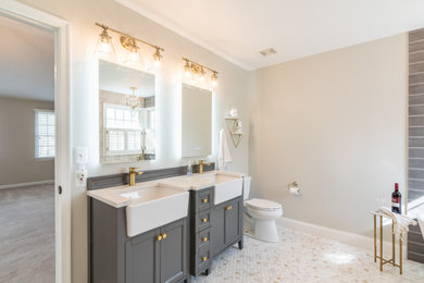 Bathroom - large contemporary master gray tile and cement tile ceramic tile, multicolored floor and double-sink bathroom idea in Baltimore with shaker cabinets, gray cabinets, a two-piece toilet, gray walls, an undermount sink, marble countertops, white countertops, a niche and a freestanding vanity