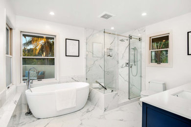 Bathroom - mid-sized contemporary master double-sink bathroom idea in Los Angeles with a freestanding vanity