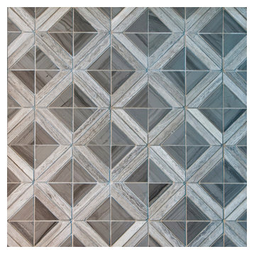 Triangle With Strip Marble Mosaic Tile, Wood Gray With Beige Insert, 10 Sheets