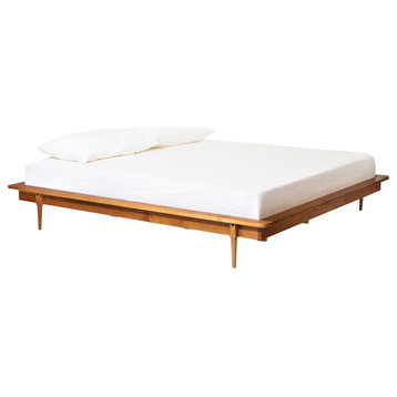 King Mid Century Solid Wood Platform Bed, Caramel